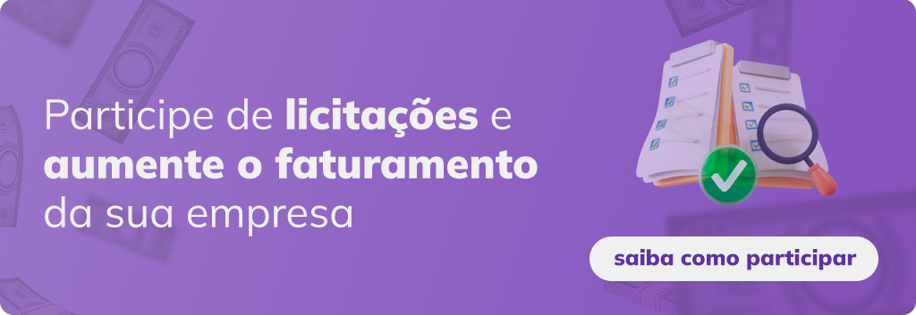 Banner “Participe de licitações e aumente o faturamento da sua empresa - Saiba como participar”. 